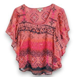 Oneworld Sheer Boho Butterfly Sleeve Top Coral Pink Tribal Print Flowy Blouse L